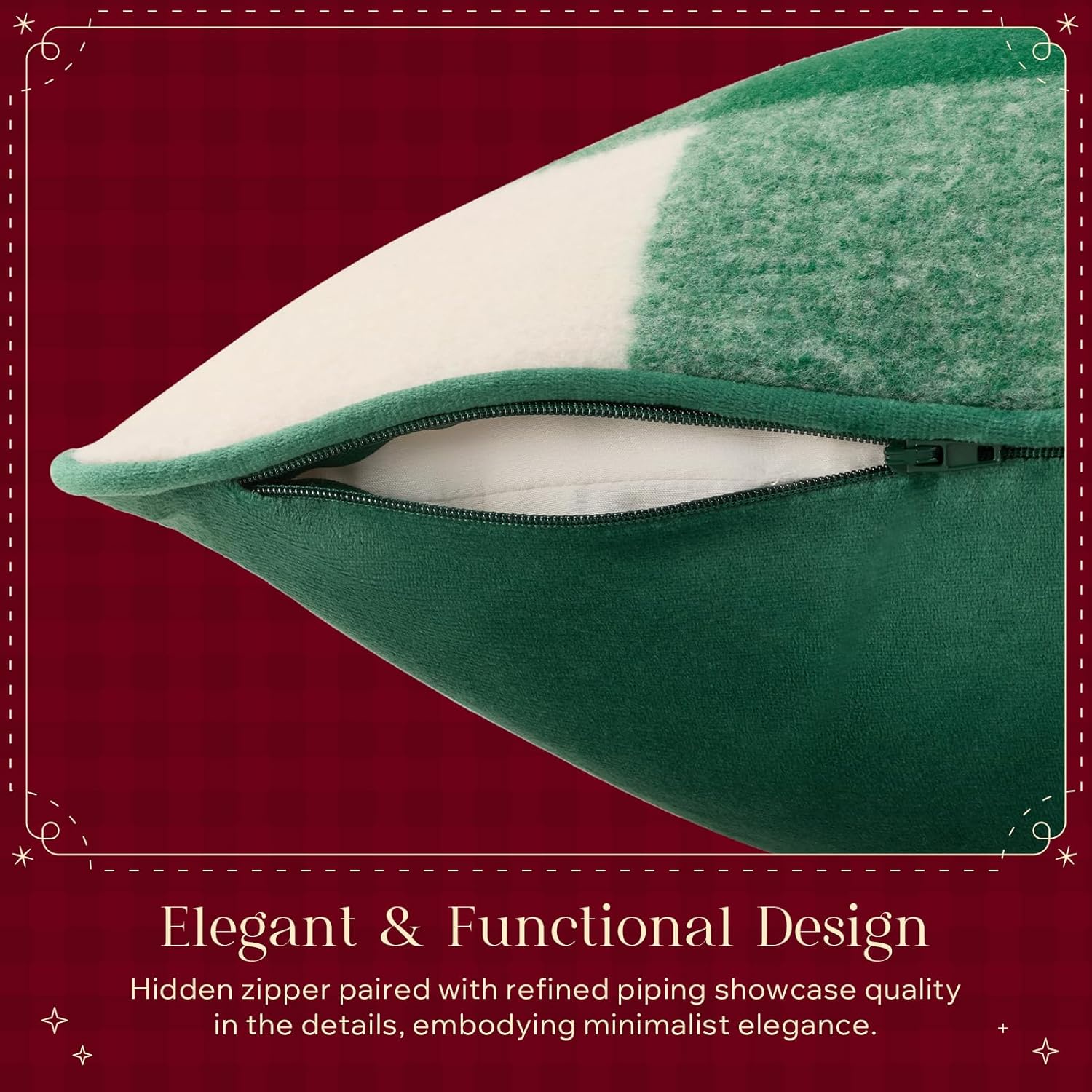 Pack of 2 Christmas Throw Pillow Covers, 18x18 Inch Faux Wool Buffalo Check Plaid with Locking Edge, Green Holiday Decor for Couch