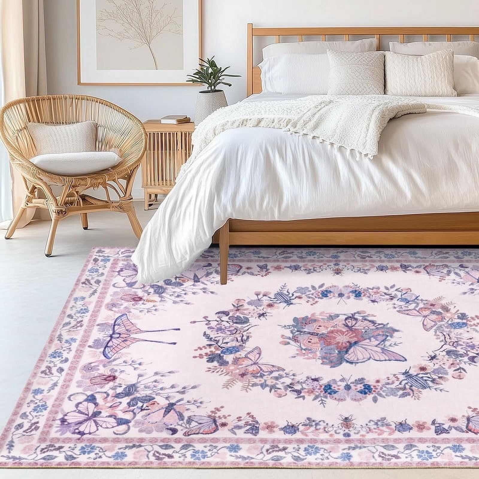 Butterfly Print Washable Pink Area Rug 4x6 for Living Room Bedroom Girls Room Nursery, Non-Slip & Stain Resistant Modern Indoor Dining Room Carpet, Soft Cozy Low Pile Throw Rugs with Rubber Backing