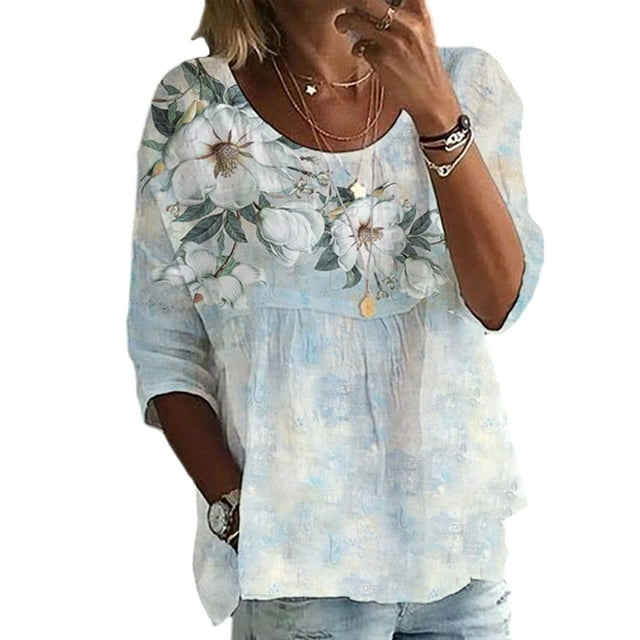 Fashnice T-shirt pour Femmes Col Rond T-shirt Imprimé Floral Hauts d'Été Tunique Décontractée de Plage Blouse Fleur Bleue m