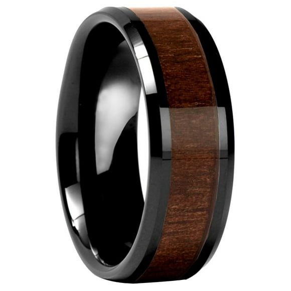 Bague pour Homme en Tungstène Noir Biseautée avec Incrustation en Bois de Noyer Noir, Alliance - 8 mm (12)