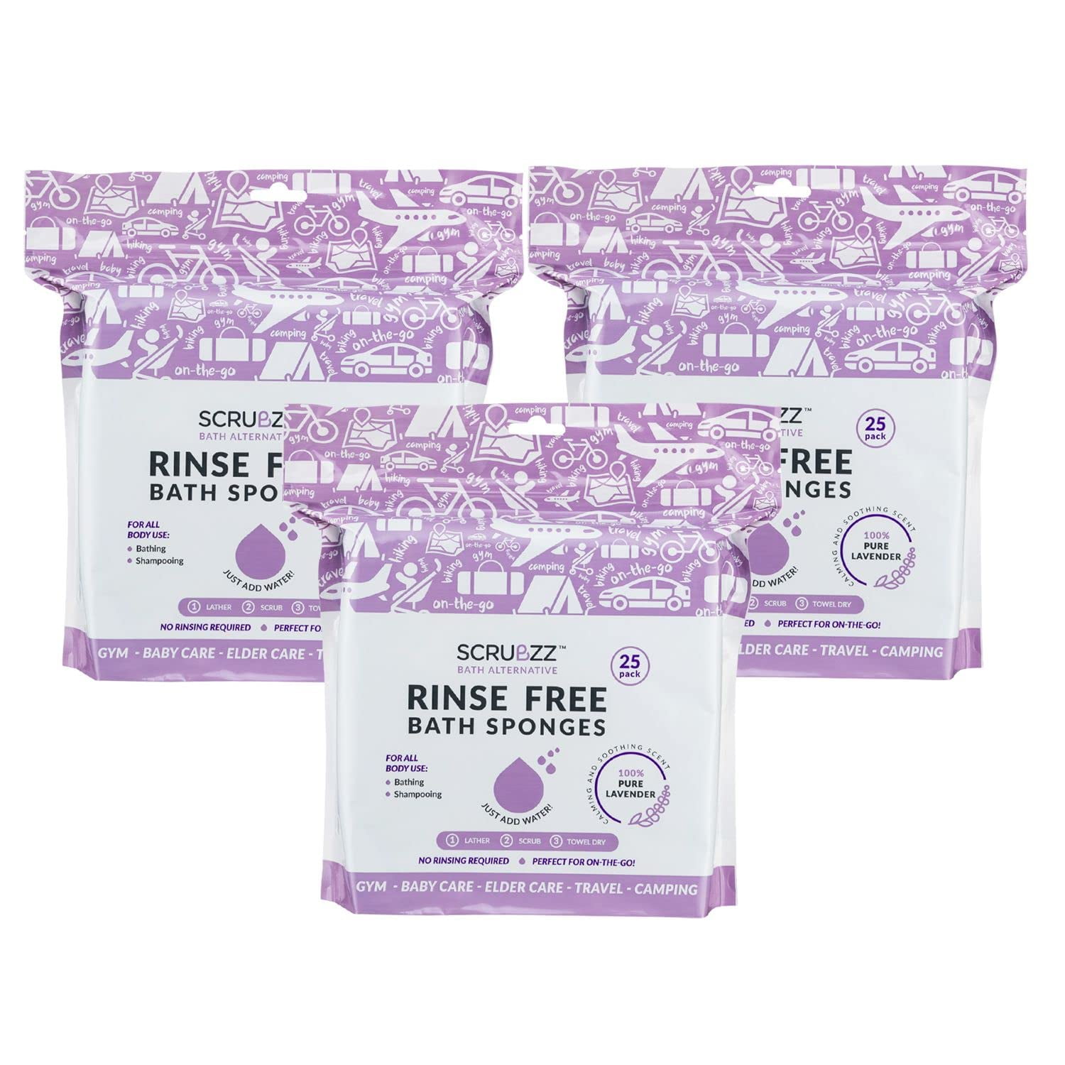 Scrubzz Rinse Free Bath Sponge, No Rinse Bathing Wipes, Lavender Scented - 25 Count - 3 Pack