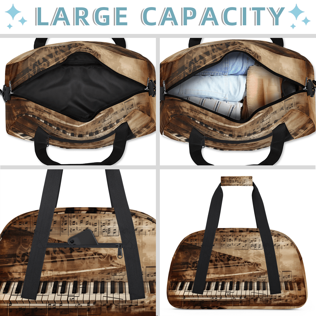 Herdesigns Piano Keys Sports Duffle Bag for Women & Men, Music Note Theme Gym Bag Dance Bag Overnight Bag Carry On Weekender Travel Bag