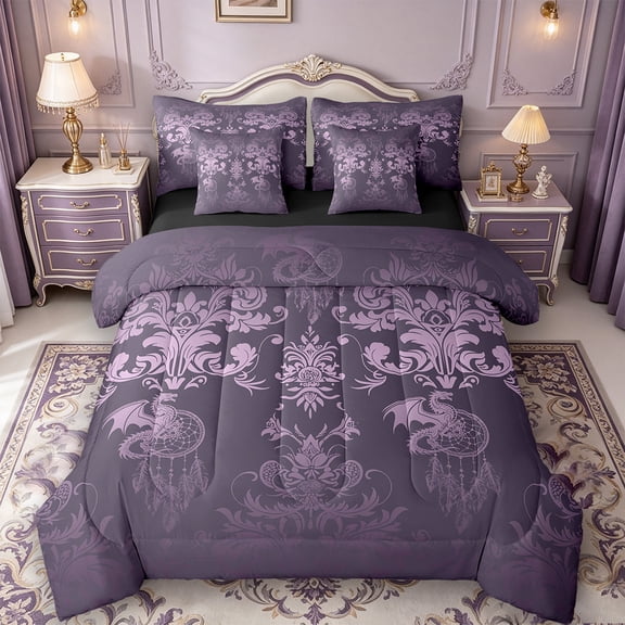 Manfei Damask Twin Bedding Sets 7-Piece,Gothic Flower Bedding Comforter Set 7-Piece,Cartoon Dragon Dreamcatcher Sheet Sets,Breathable Bedroom Decorative Reversible