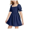 thumbnail image 3 of Efsteb Summer Dress for Girls Square Neck Short Sleeve Cotton Dress Sundress Solid Color Casual Beach Dresses (Navy,8 Years), 3 of 6