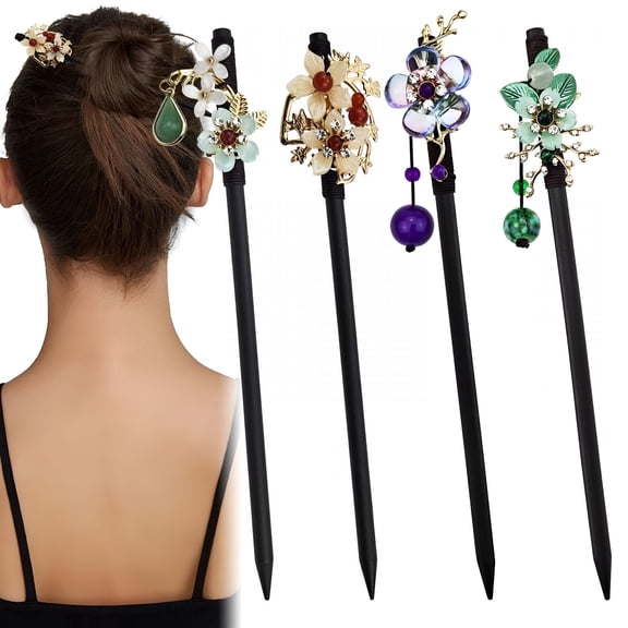 VANIDO 4 PACK Chinese Wooden Hair Stick, Hairpin with 4 Different Flower Styles, Retro Wooden Hair Accessories for Women Girls
