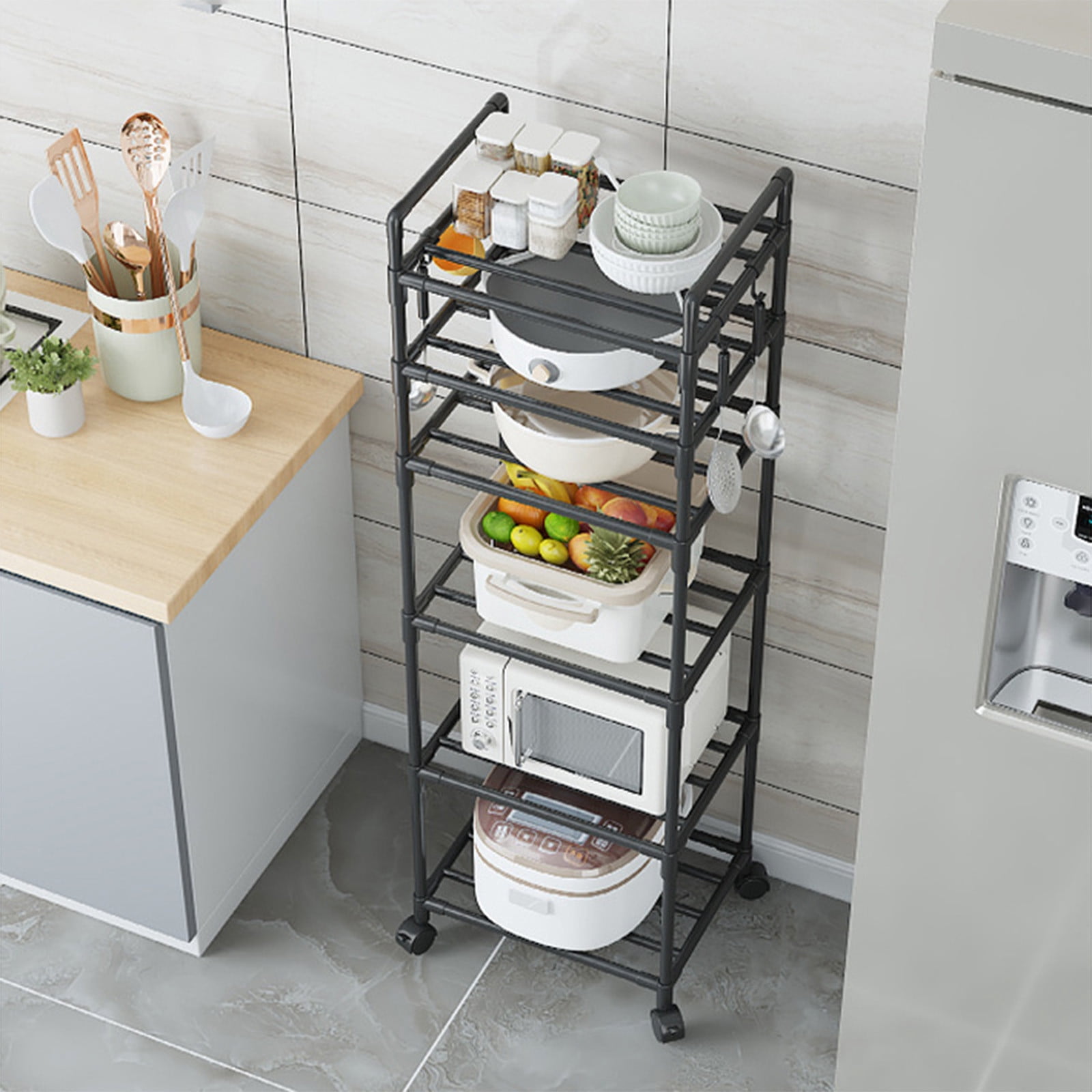 6 Tier Rolling Cart Organizer,Laundry Room Bathroom Organizers and Storage Office Shelves Mobile Shelving Unit Kitchen Trolley Cart with Wheels for Art,Craft,Diaper,Bedside,Snack(Black)