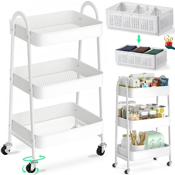 Carro de almacenaje metálico de 3 Niveles, Organizador de almacenaje Multifuncional, Carro de almacenaje con Ruedas para Dormitorio, salón, Cocina, baño, Oficina