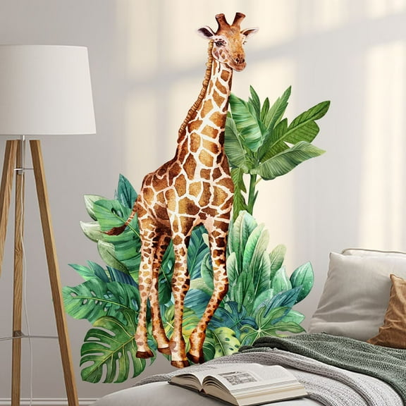 Large Jungle Giraffe Wall Decals Jungle Animals Tropical Leaves Wall Stickers Peel and Stick Removable Wall Stickers Baby Nursery Kids Room Playroom Wall Decor