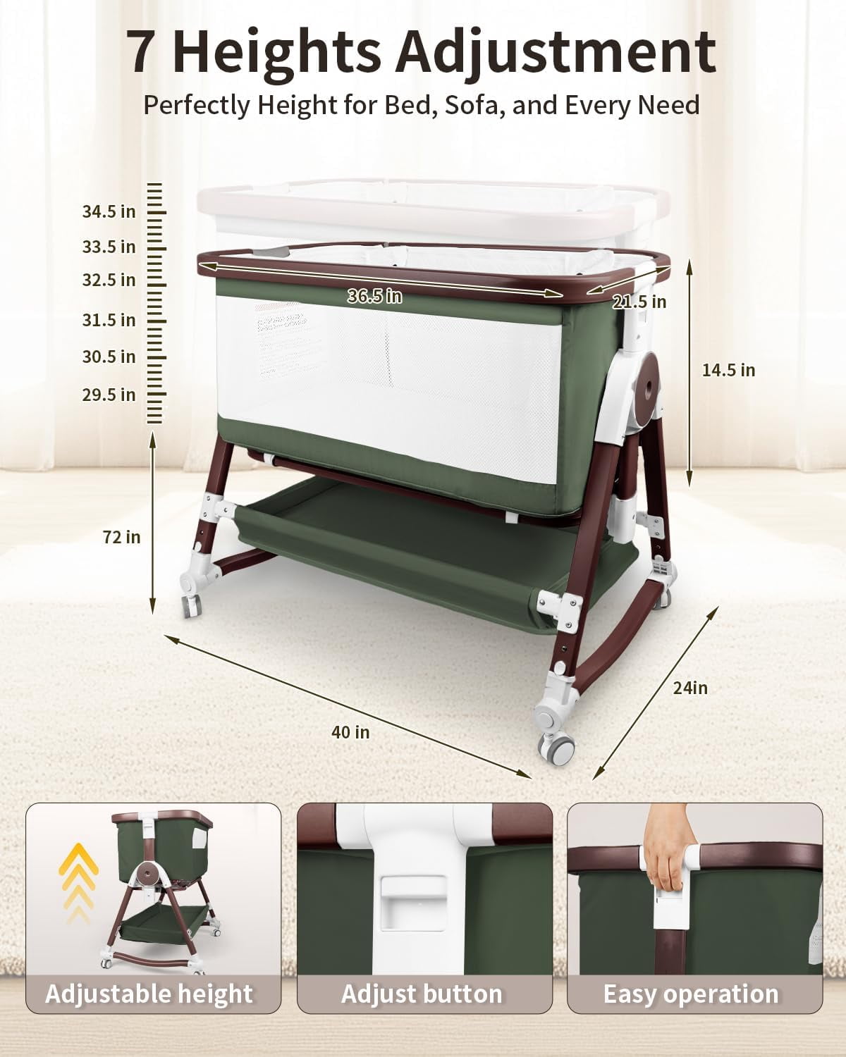 4 in 1 Baby Bassinet Bedside Sleeper W/ Wheels,Storage Basket,Adjustable 7 Heights,Mosquito Net,Breathable Mesh Cradle for Infants Toddler,Green