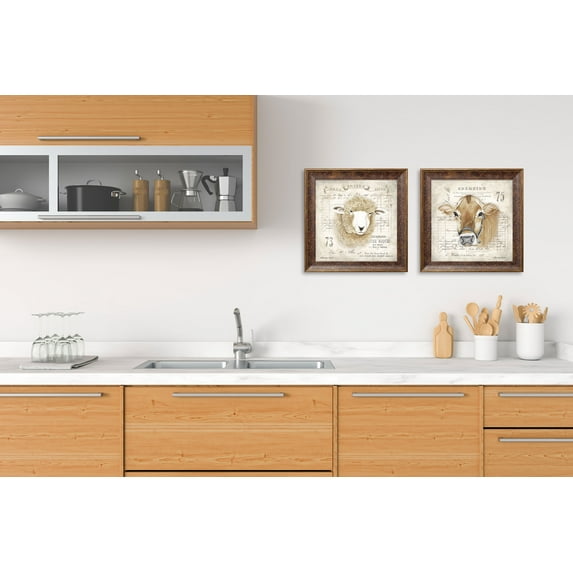 Gango Home Decor French Country Farm Animals Wall Art; Two Off-White 12x12in Art Prints in Gold Trim Brown Frames