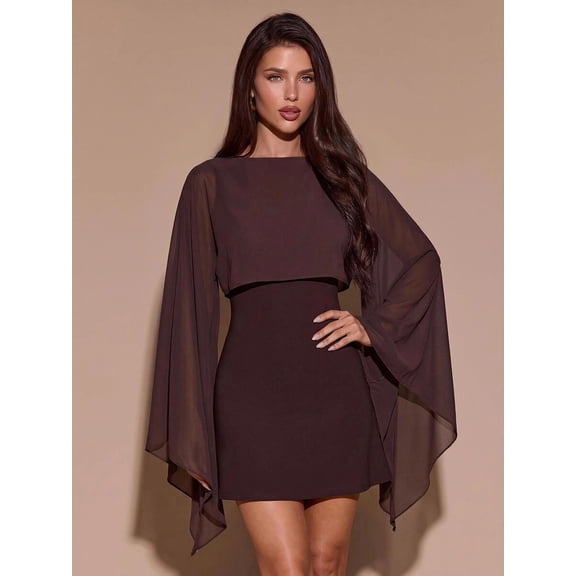 Women's Boat Neck Cape Sleeve Draped Bodycon Mini Dress Elegant Party Night Out Clubwear