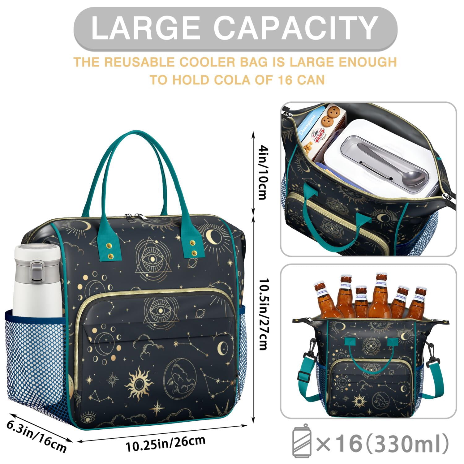 Starry Night Thermal Lunch Bag - Gothic Golden Print Leakproof Cooler Tote, Easy-to-Clean for Parents & Students