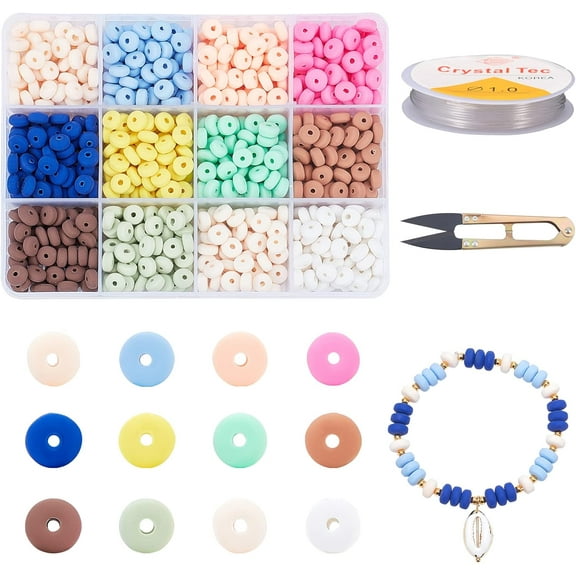 DIY Jewelry Making Kit Including Handmade Polymer Clay Beads Crystal Elastic Thread Steel Scissors Mixed Color Beads: 6~7x3mm Hole: 1.5mm 840pcs