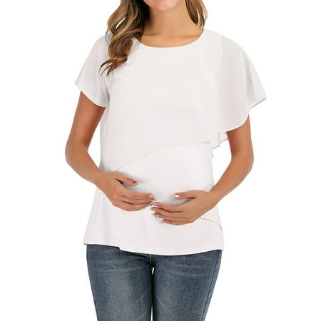 

gakvbuo Maternity Shirts For Women Summer Round Neck Short Sleeve Ruffle Maternity Breastfeeding Clothe T-shirt Top