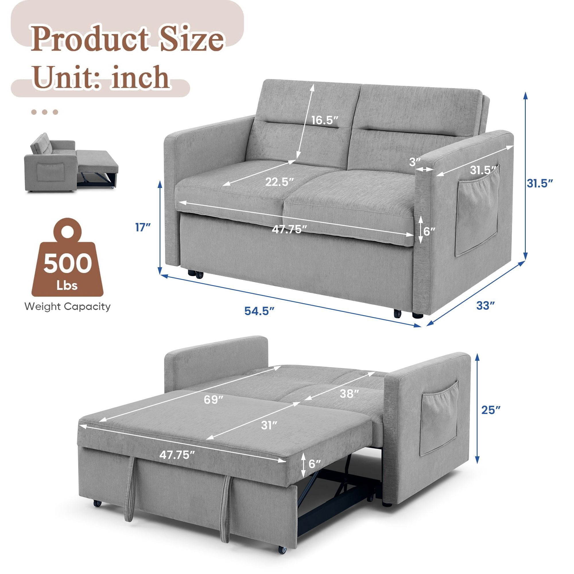 DEALTOPS Pull Out Sofa Bed, Convertible Loveseat Sleeper with Side Pockets, Gray