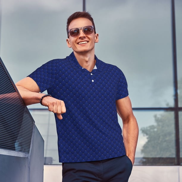 Saiise Navy Blue Print Mens Golf Shirt Moisture Wicking Quick-Dry