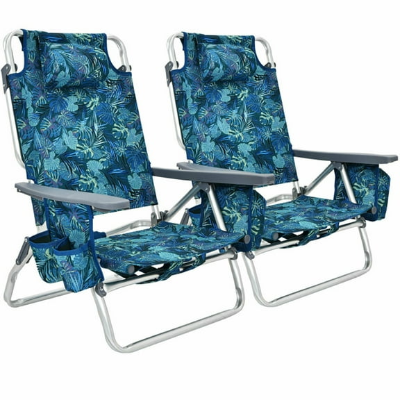Spaco 2-Pack Folding Backpack Beach Chair 5-Position Outdoor Reclining Chairs with Pillow-Navy, High Beach Chair for Adults Heavy Duty, Portable Patio Chair, Camping Chair for Yard, Garden