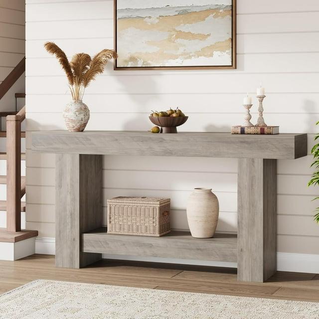 Longue Table Console pour Entrée, Grande Table de Canapé à 2 Niveaux avec Rangement, Table Console en Bois de Style Ferme pour Salon, Table d'Entrée en Bois pour Entrée