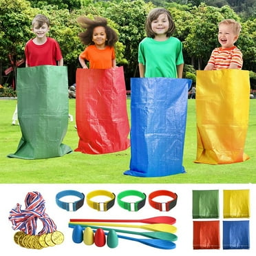 Field Day Fun Pack - Potato Sack Race, 3-Legged Bands, Egg & Spoon Game - Outdoor Games Set for Kids & Adults - Backyard Birthday Party Activities
