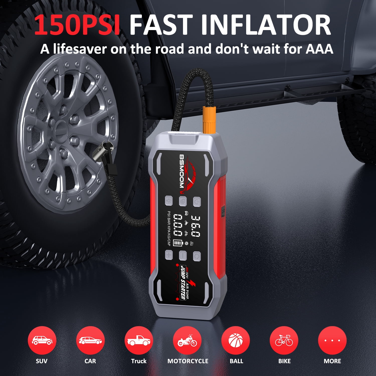 BSMOOM 9000A Car Jump Starter with Air Compressor, 12V Portable Car Battery Jump Box Power Pack with 150PSI Tire Inflator & LCD Display, LED Light, Jumper Cable (Up to 10L Gasoline/8L Diesel Engine)