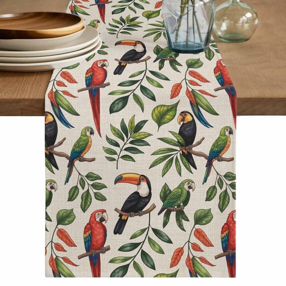 Table Runner 108 Inches Long for Kitchen Dining, Farmhouse Parrots Dresser Scarf Farmhouse, Dining Table Decorations for Wedding/Parties, Spring Summer Botanical Leaves Burlap 13 x 108 In