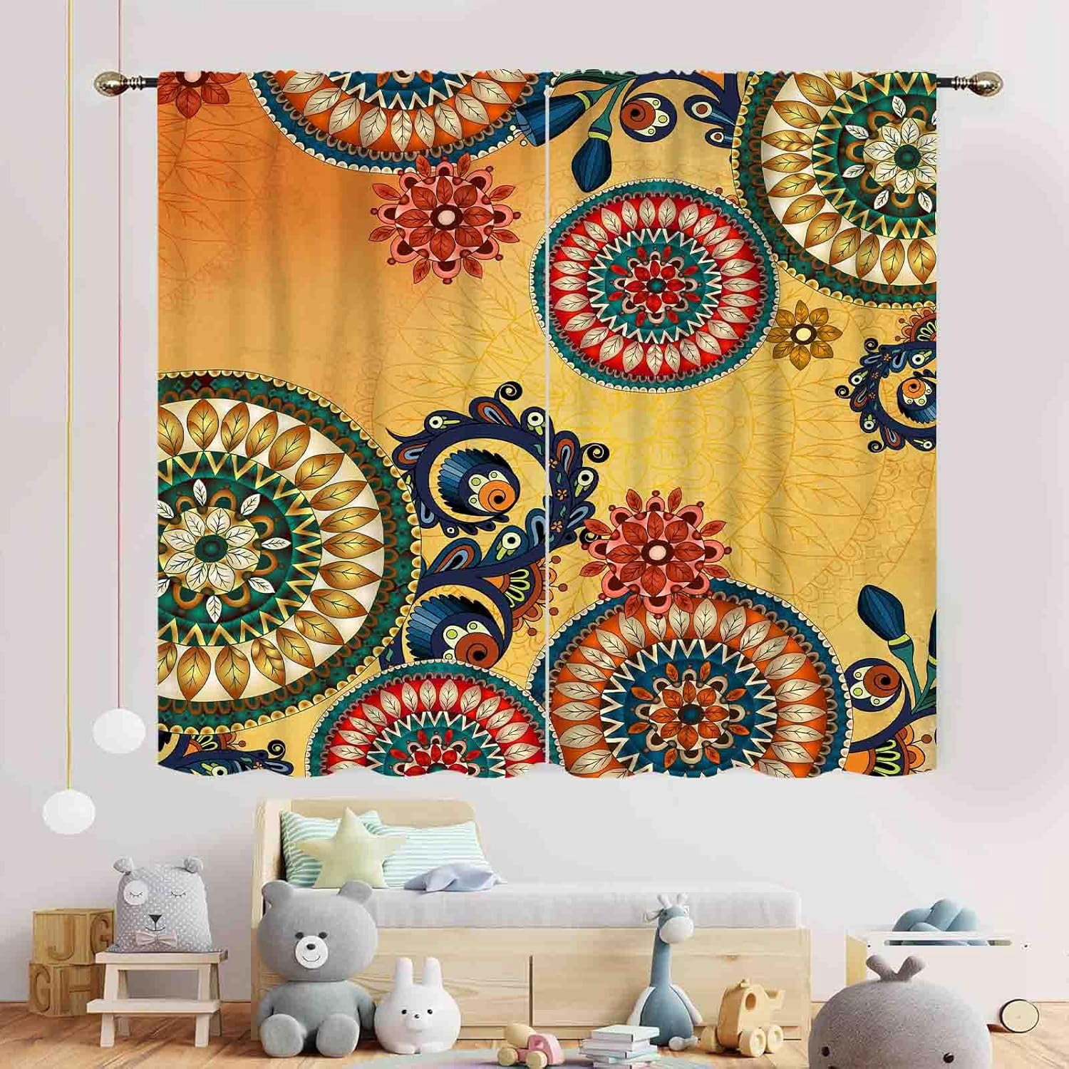 Mandala Curtains, Boho Retro Vintage Paisley Mandala Indian Print Bohemian Traditional Blackout Window Curtains for Living Room Bedroom Kitchen Bathroom 2 Panels, 84"x63" Inch