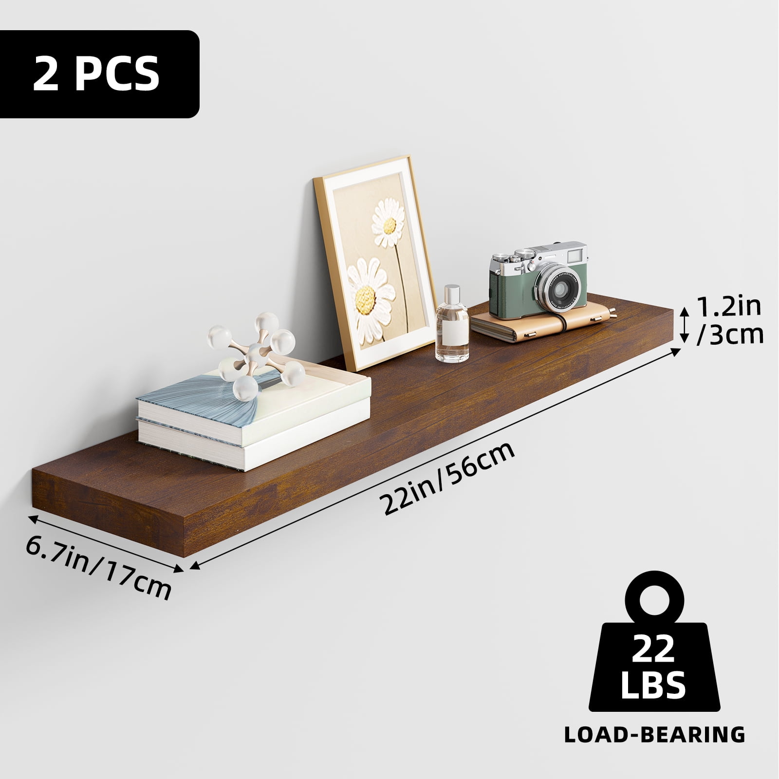 Fairy 2pcs Floating Shelves for Wall, 22.5in Bathroom Kitchen Shelves for Farmhouse Decor, Rustic Brown