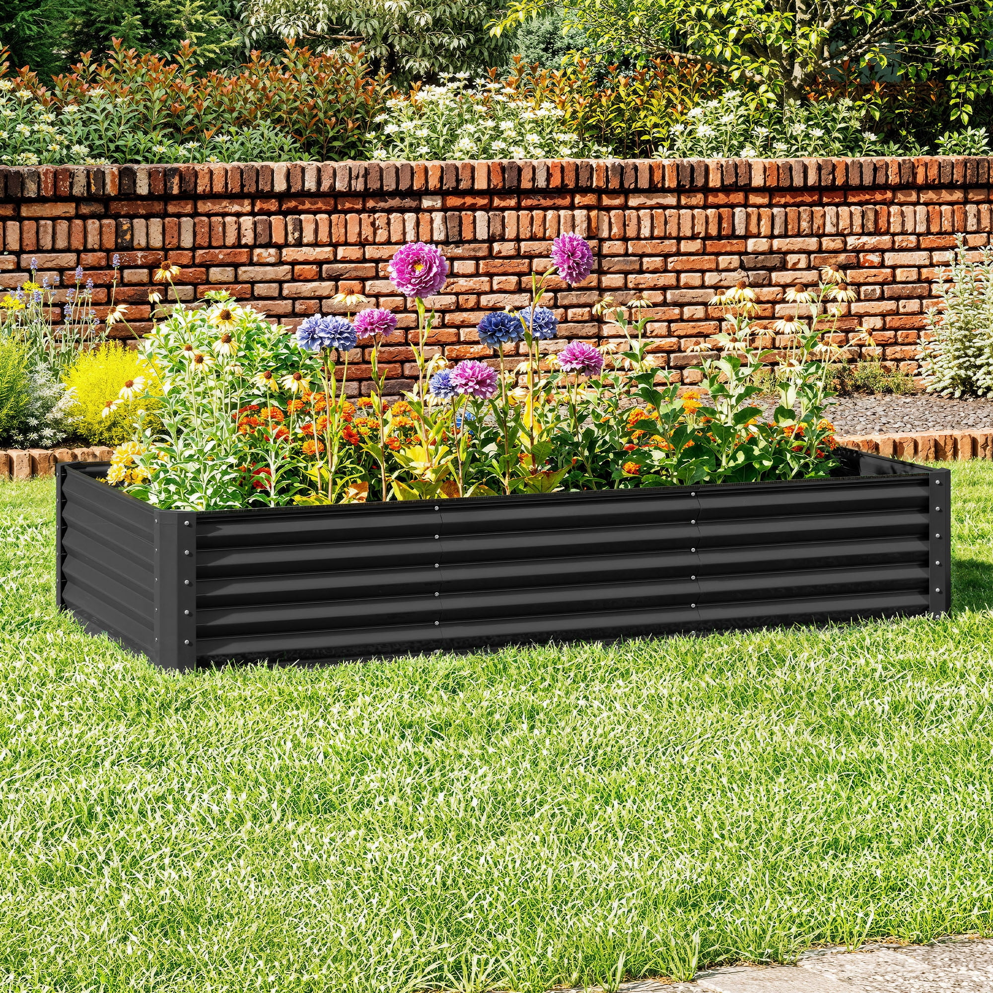 Uforic 8x4x1.5ft 1 Pack Galvanized Metal Raised Garden Bed Kit with Safety Rubber and Gloves, Black