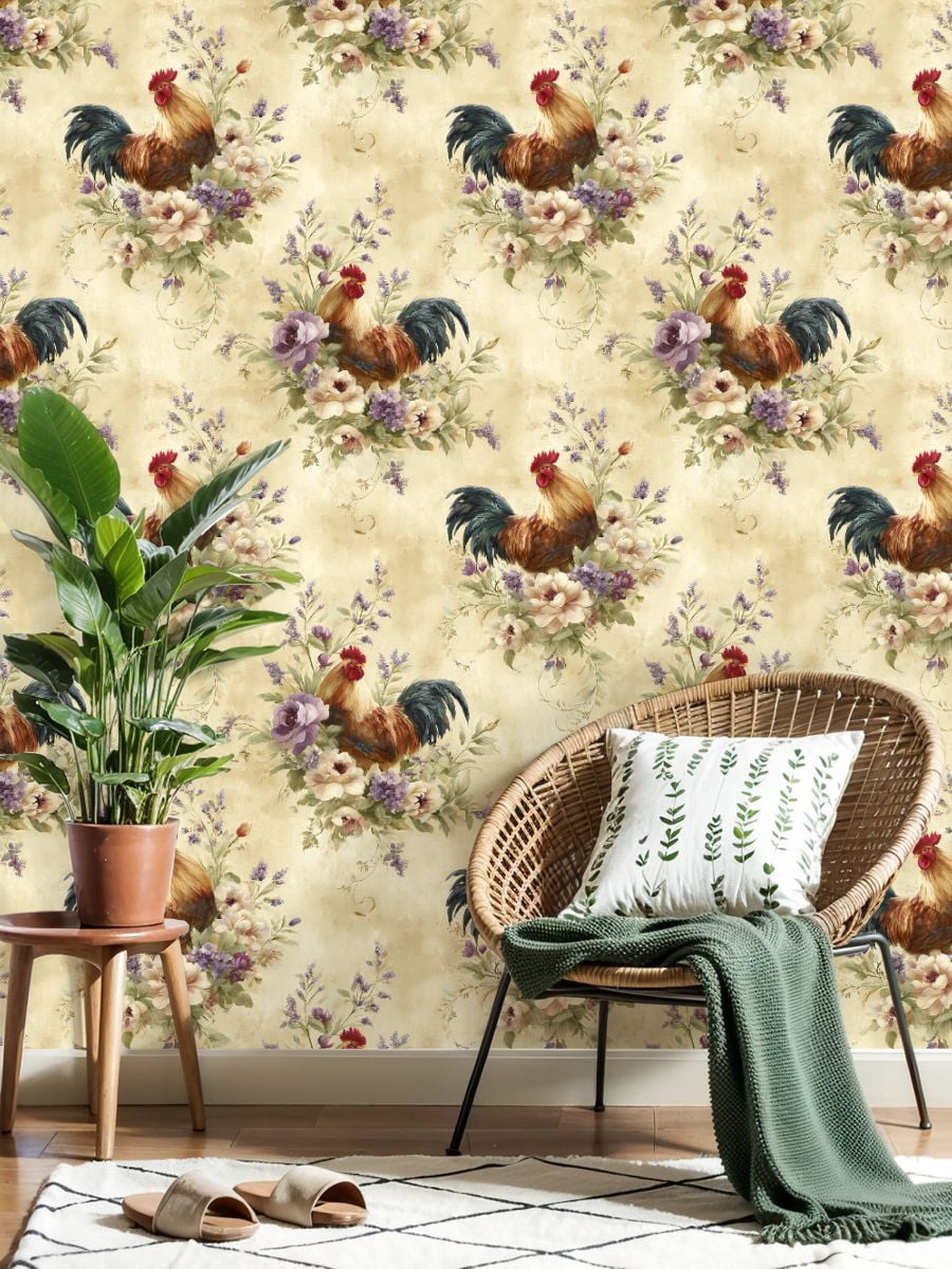 Peel and Stick Wallpaper 23.6in x 9.8ft Vintage Rooster Wildflower Country Pale Yellow Farmhouse Contact Paper Vinyl Waterproof Self Adhesive Wall Paper for Bedroom Shelf Cabinet Renter Friendly