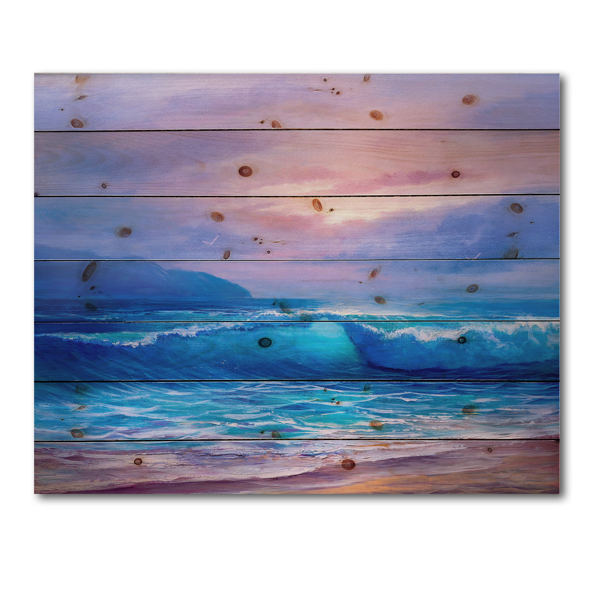 Designart 'The Sea By The Beach With Golden Sunset' Nautical & Coastal Print on Natural Pine Wood