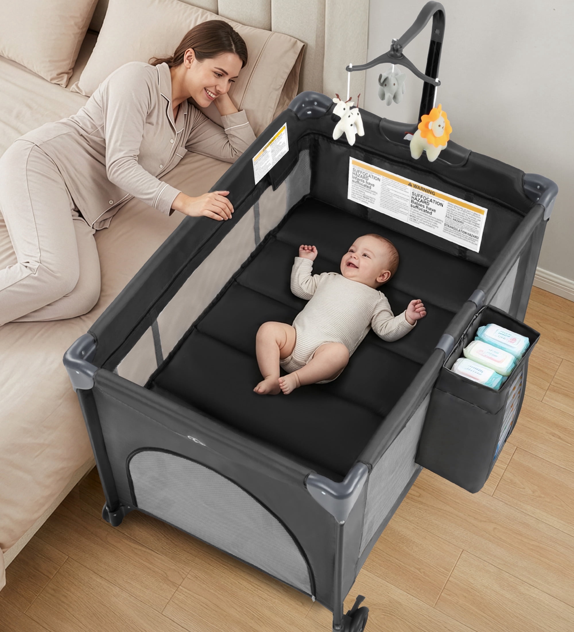 Vomeast Baby Playard,Portable Baby Bassinet Pack and Play with Mattress and Toy Bar,Foldable Bassinet Crib,0-5 Months,Black