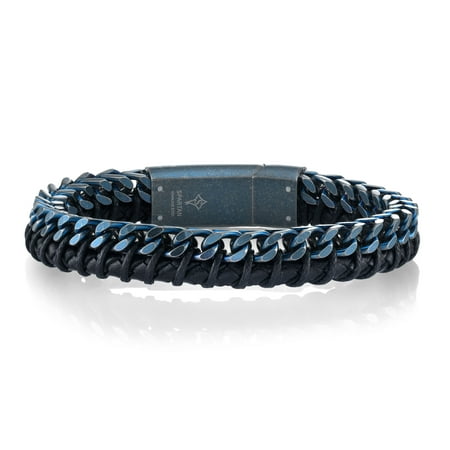 SPARTAN Black Leather Blue IP Stainless Steel MenÃƒÂ¢ s Bracelet