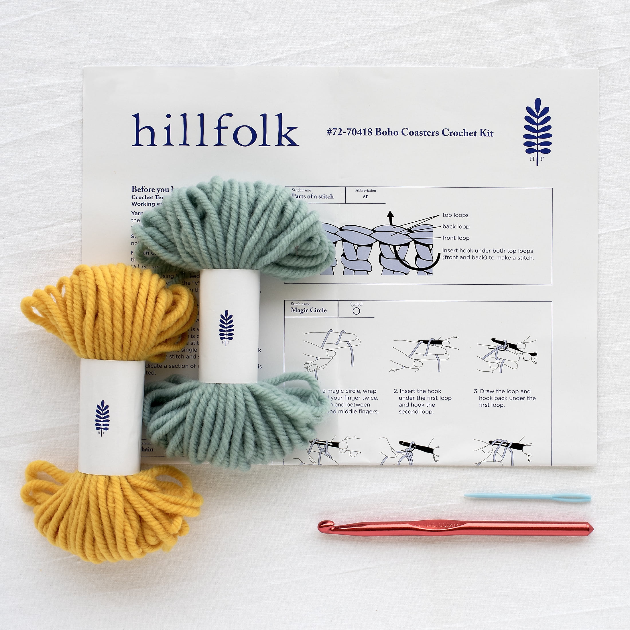 Hillfolk Crochet Coaster Kit- Includes Crochet Hook, Yarn, Plastic Yarn Needle And Instructions. Makes Two Coasters.