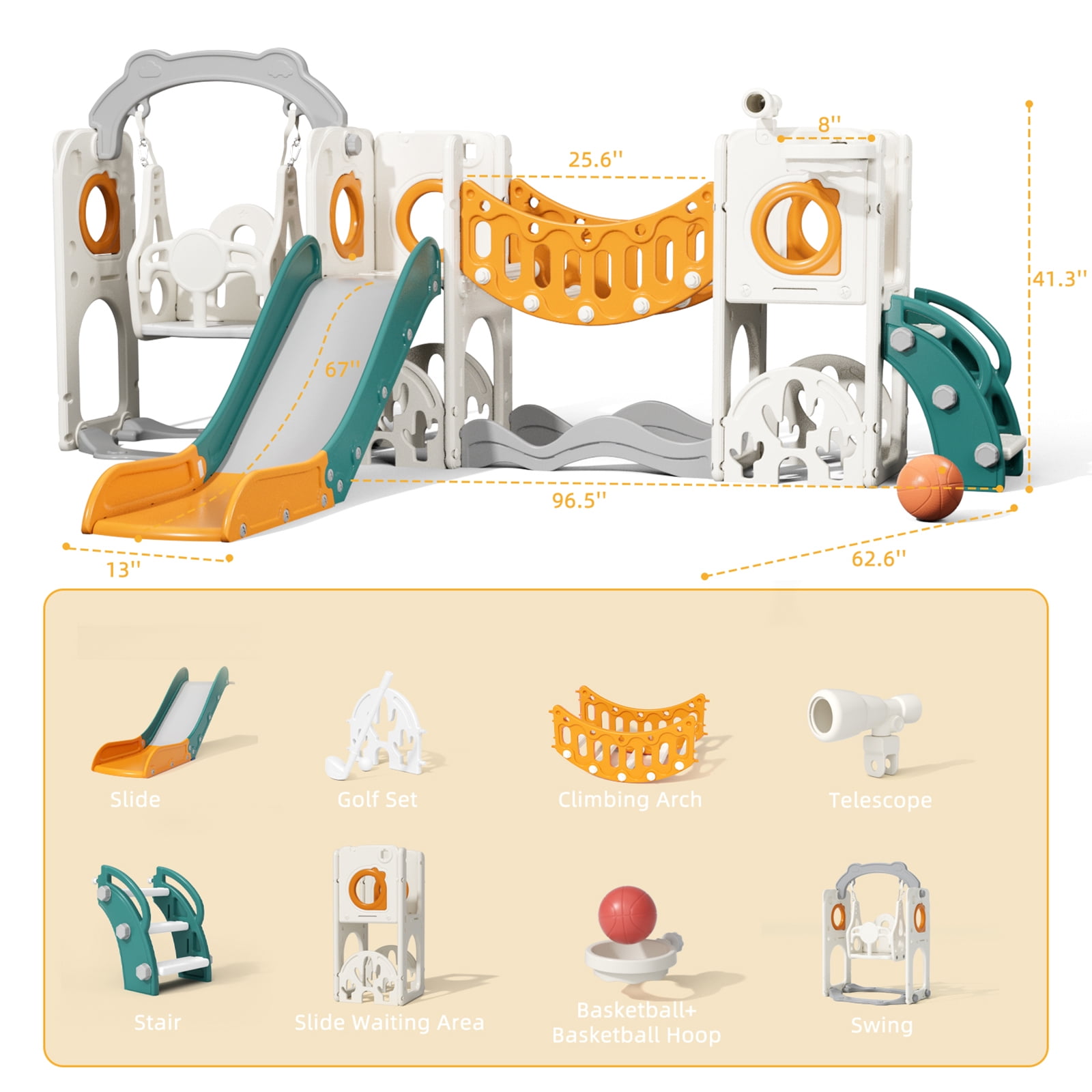 XJD 11 in 1 Toddler Slide and Swing Set, Kids Slide for Toddlers, Outdoor Indoor Playground for Toddlers 1-3, Toddler PlaySet with Basketball Hoop, Golf Set, Climbing Arch(Yellow Green)