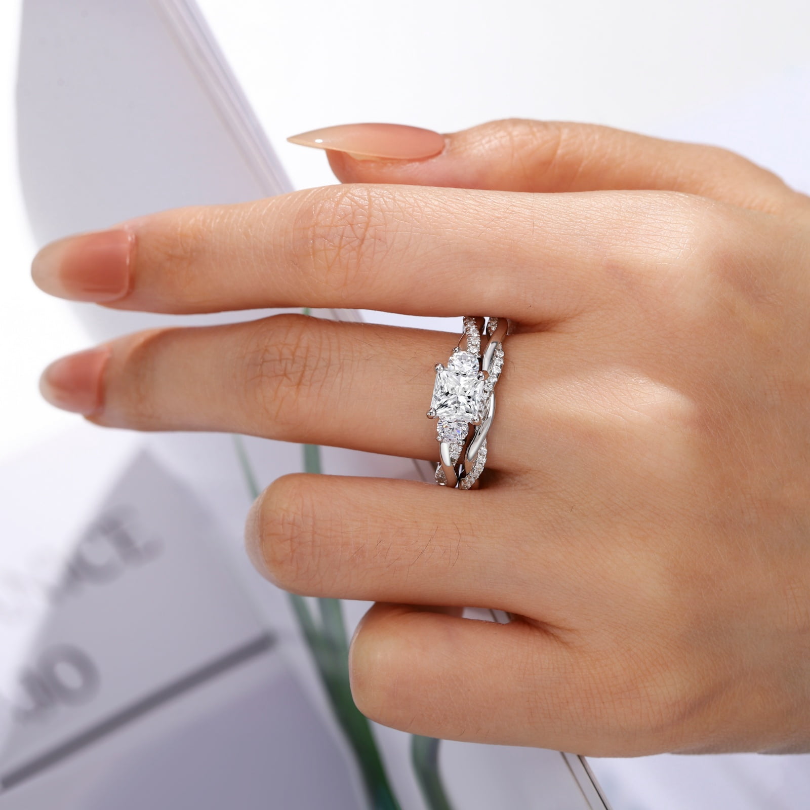 SFTING Wedding Rings for Women 925 Sterling Silver Three Stone Princess Cut Wedding Rings Set 5A CZ Promise Engagement Rings for Her Size 7