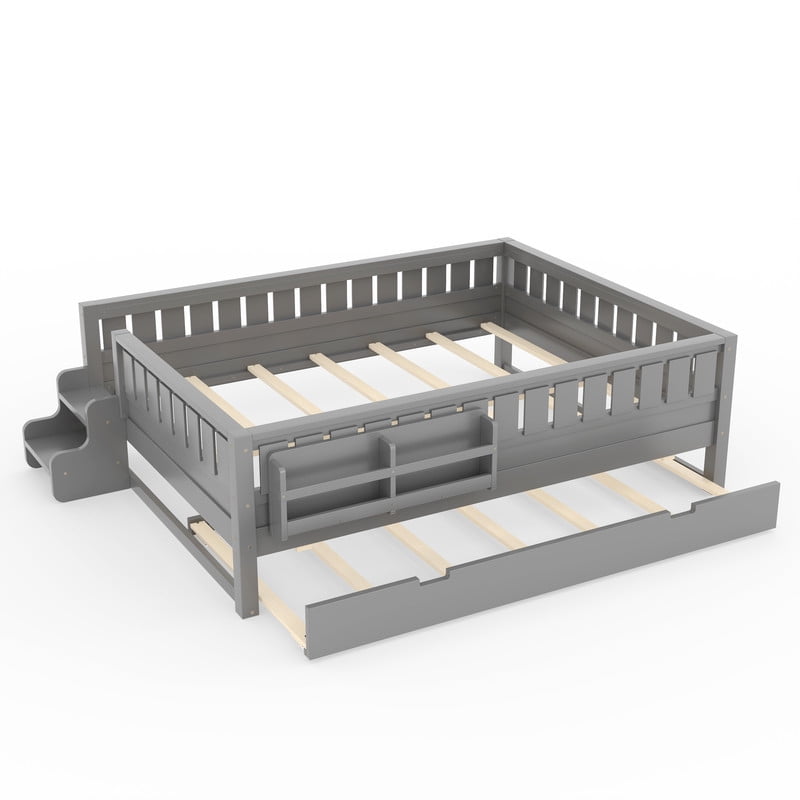 Queen Size Low-Profile Kid's Platform Bed with Built-in Bookshelves & Small Staircase, Wooden Bed Frame with Safety Rails & Trundle
