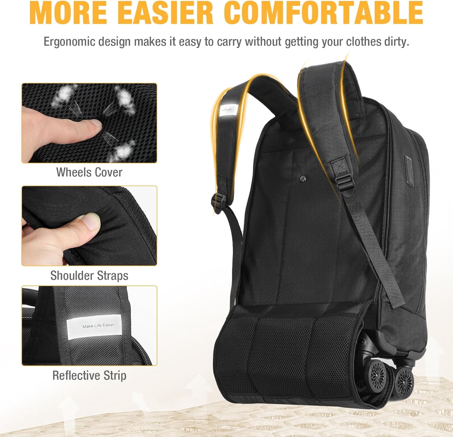 15.6 Inch Rolling Laptop Backpack - 4 Spinner Wheels Carry On Travel Bag, Wheeled Backpack for Women Men (Overnight/College/Work, Black)