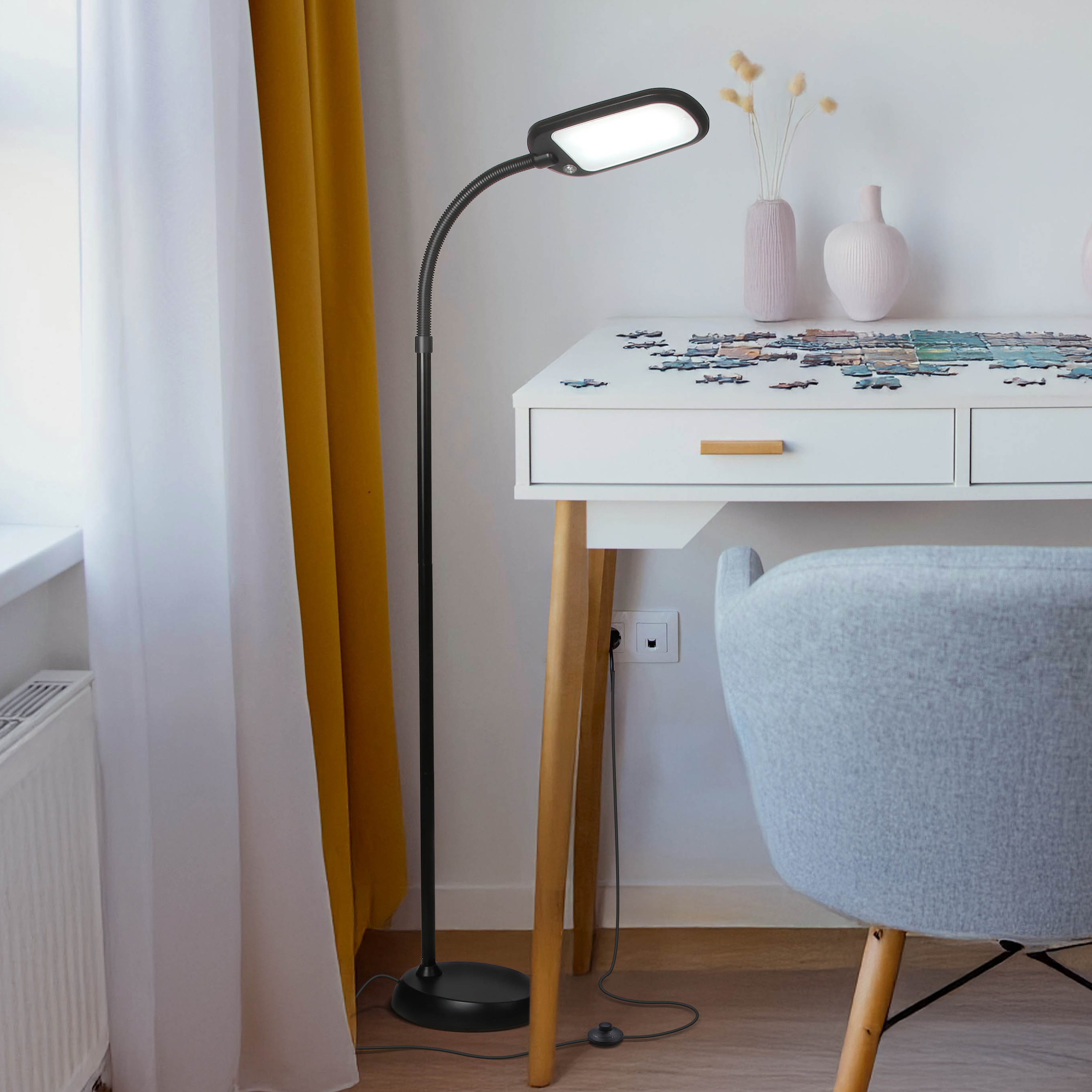 Brightech Litespan Slim - Super Bright LED Lamp for Reading & Crafts - Dimmable Lash Light with 3 Light Colors Incl. Natural Daylight - Adjustable Gooseneck Pole Lamp for Offices - Black