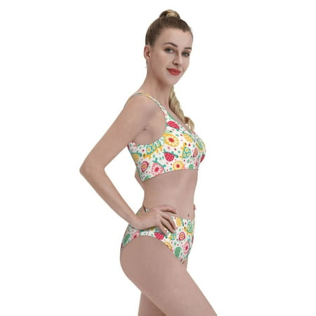 Goofa Turtle Flower Pattern High Waisted Bikini Set - Two Piece Swimsuit for Women  Summer Bathing Suit Trendy Swimwear-Large