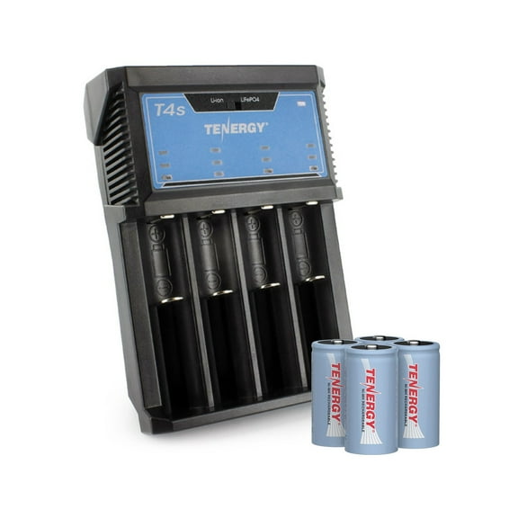 Tenergy T4s Universal LED Battery Charger And 4 Pack Rechargeable C Batteries