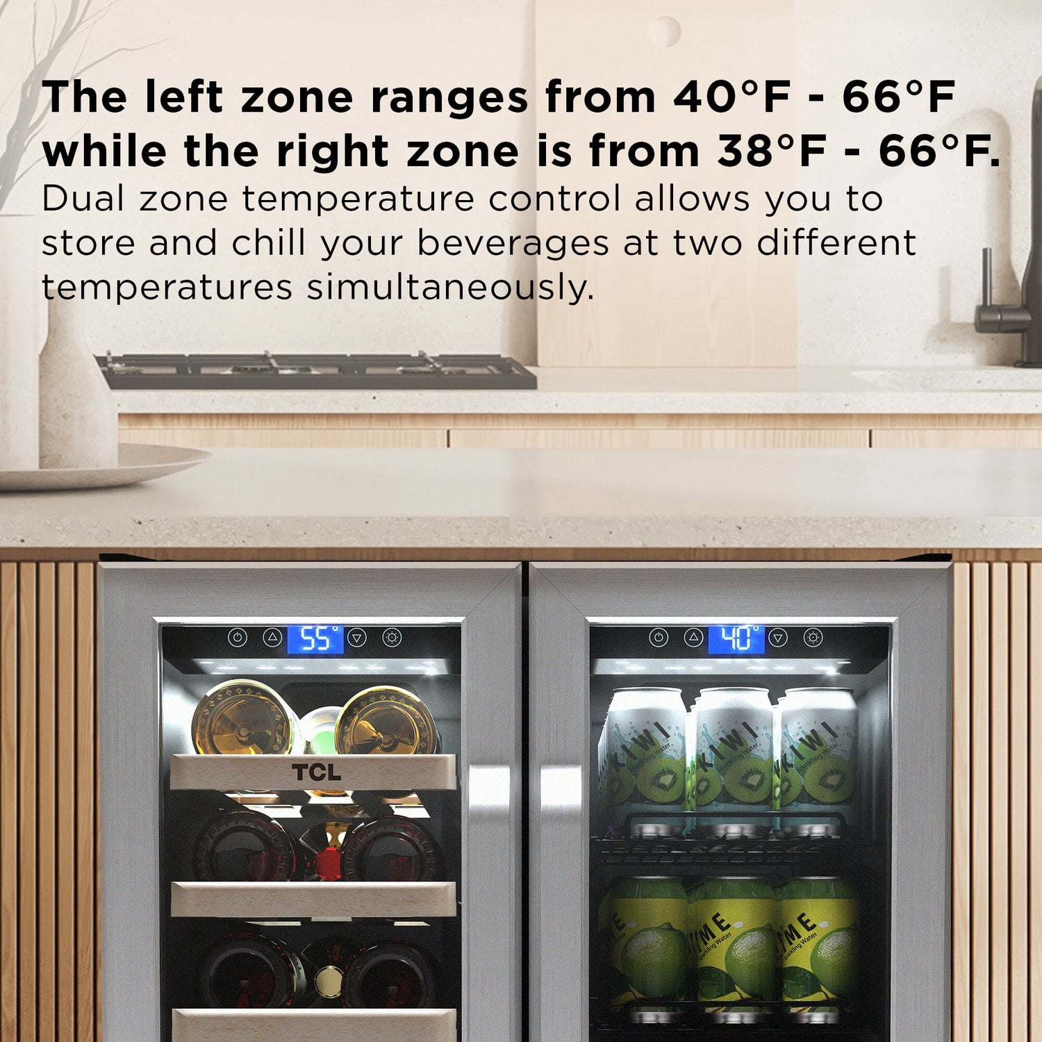 TCL Stainless Steel Double Door 20 Bottle 78 Can Dual Zone Wine & Beverage Cooler, 5.3 Cu. Ft.