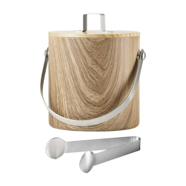 Cubo de hielo de acero inoxidable Cubo de hielo de metal con tapa y pinza Recipiente para bebidas de metal multiusos para barbacoa Actividades al aire 14 L de grano de madera