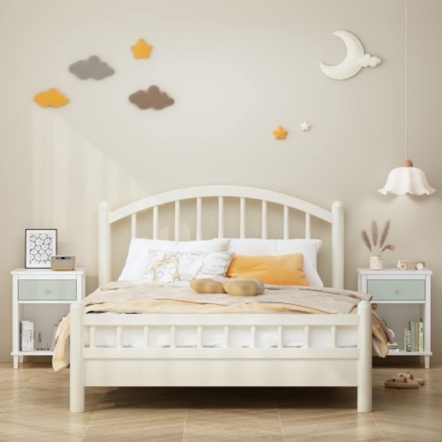 26.77" Wooden Nightstand with Drawer and Open Shelf, Modern Bedside Table for Kids & Adults, MDF End Table with Silver Handle, White+Green