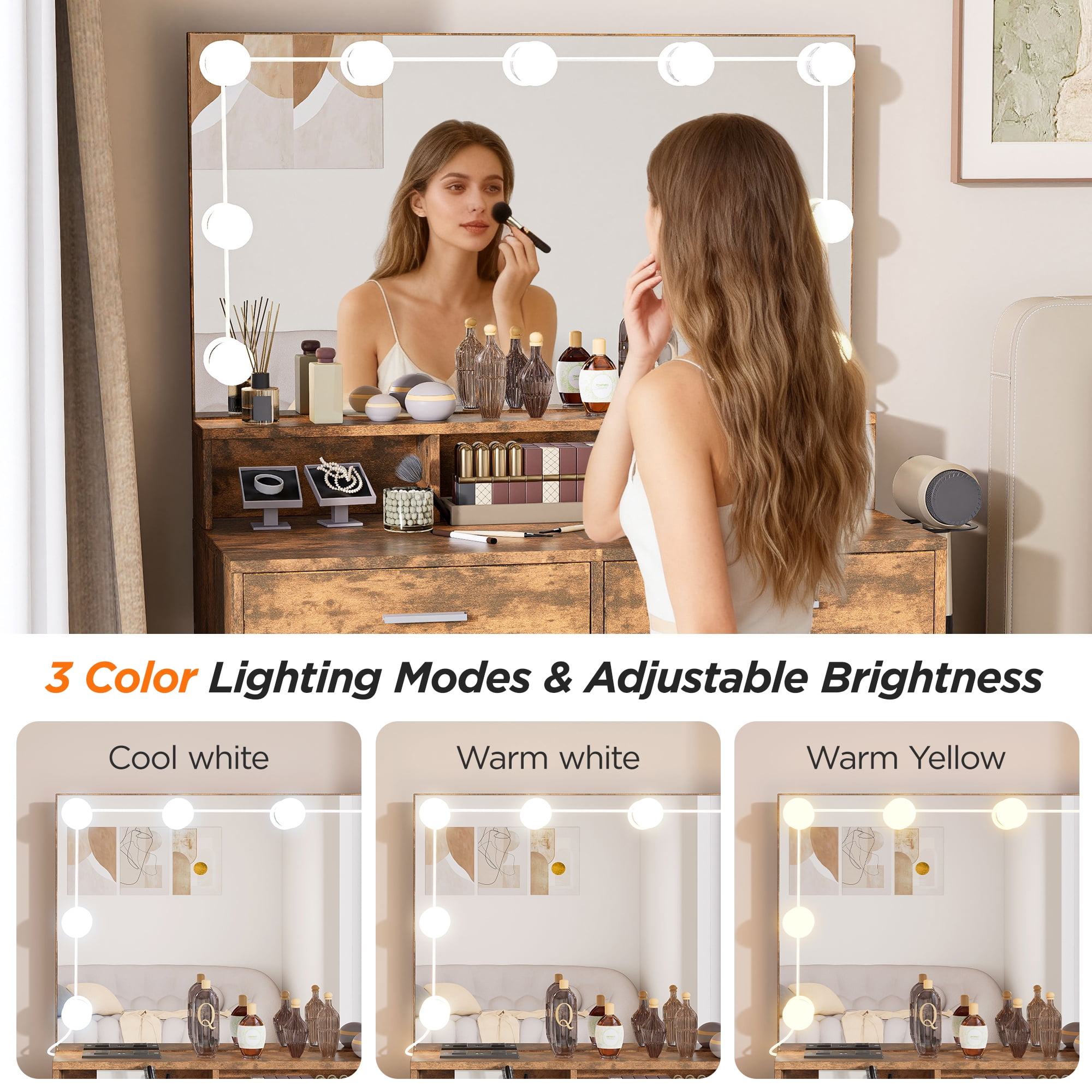Veanerwood Makeup Vanity Table Set with Lighted Mirror & Power Strip Vanity Desk Set with Hair Dryer Holder, 3 Lighting Colors, Retro Brown