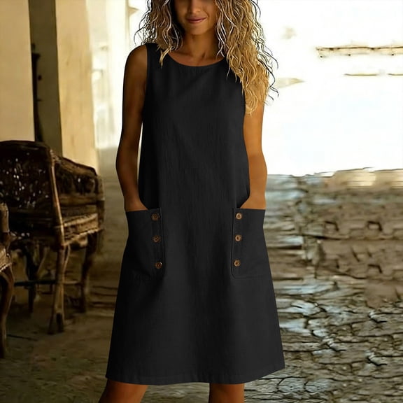 Gamivast Linen Dresses for Women Sleeveless Scoop Neck Midi Dress with Pockets Button Detail Casual Loose Fit Tank Sundress Everyday Vacation Dress Black XXL