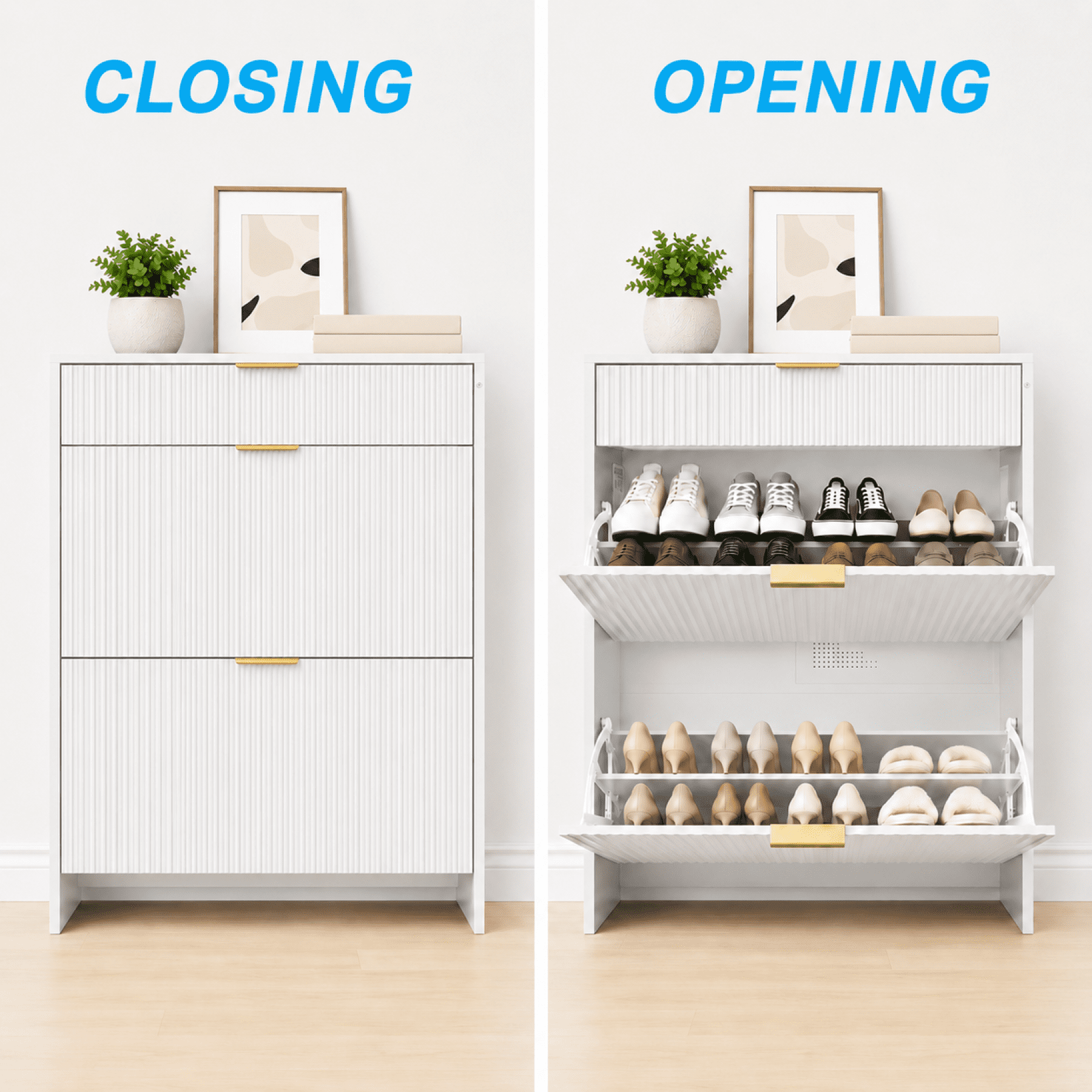Leumius Shoe Cabinet with 2 Flip Drawers and 1 Drop-Down Drawers,Hidden Wood Shoe Cabinet,Freestanding Shoe Storage Cabinet for Entryway Hallway,White