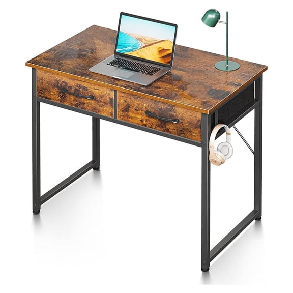 32 Inch Small Office Computer Desk with 2 Drawers & Headphone Hook - Compact Writing Desk for Home Office, Study or Work, Modern Space-Saving Design for Small Spaces, Pure Vintage
