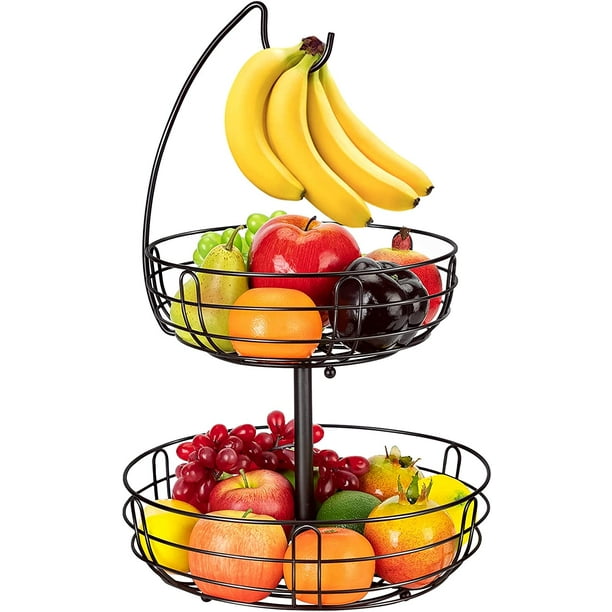2 Tier Fruit Basket Bowl with Banana Hanger for Kitchen Countertop