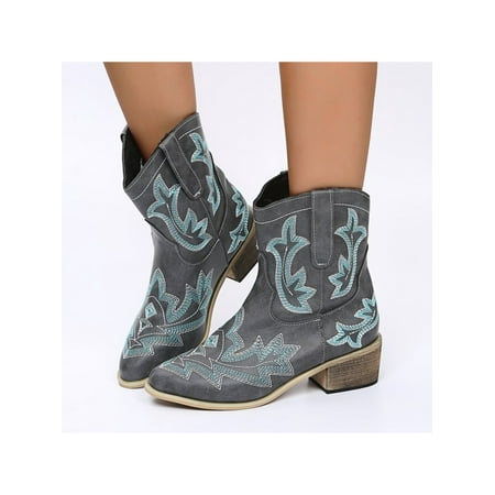 

Daeful Womens Cowgirl Boots Wide-Calf Vintage Booties Mid Calf Western Boot Comfort Embroidered Winter Shoes Women Casual Gray 10