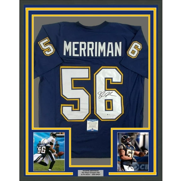 Framed Autographed/Signed Shawne Merriman 35x39 San Diego Dark Blue Football Jersey Beckett BAS COA